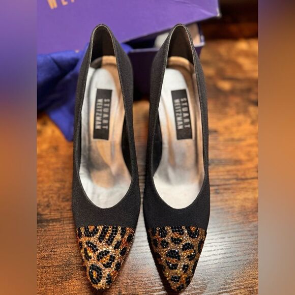 Stuart Weitzman Black Heels w/ leopard print rhinestone heels size 6.5 - Picture 1 of 10